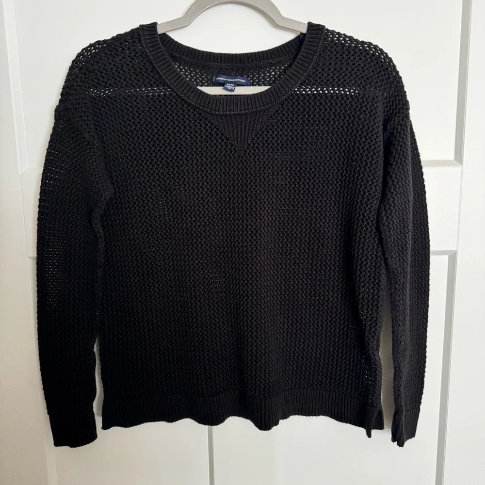American Eagle Outfitters 100% Cotton Black Crew Open Knit Airy Sweater Sz XS